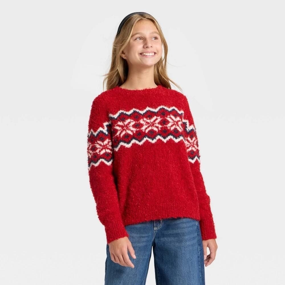 Art Class Girls Red Fair Isle Boucle Sweater Crew Neck Pullover Size M 10-12